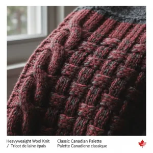 Close-up artistic rendering of a thick-knit wool winter blanket texture in a classic grey and red lumberjack palette.