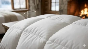 Detailed shot of the box-stitch construction on a down alternative winter blanket to prevent fill shifting and ensure even warmth.