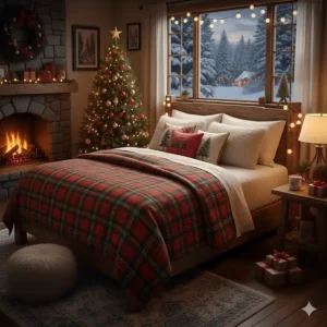 A festive bedroom illustration featuring red and green plaid queen size winter blankets for the holiday season.