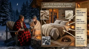 Illustration showing how to layer fleece and wool throw blankets for winter on a bed for maximum insulation.