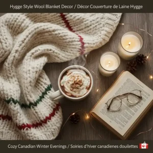 Flat-lay illustration of a wool winter blanket paired with a hot mug of cocoa and a book, emphasizing winter "hygge" lifestyle in Canada.