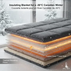 Illustration of thermal-regulating fibers trapping heat to keep sleepers warm during a -30°C Canadian winter night.