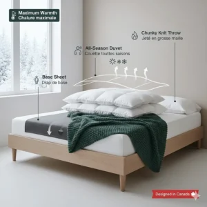 Diagram showing how to layer all season blankets for maximum warmth during a Canadian polar vortex.