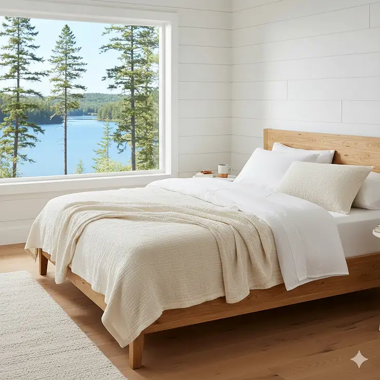 A breathable lightweight summer blanket layered on a bed in a bright Canadian cottage-style bedroom with a scenic nature view.