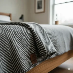 Close-up illustration showing the high-quality texture and weave of a luxury wool queen size winter blanket.