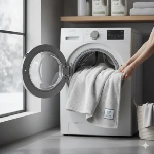 An illustration demonstrating how easy it is to care for machine-washable queen size winter blankets.