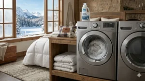 A graphic showing a large down alternative winter blanket being easily laundered in a standard washing machine, emphasizing easy care.