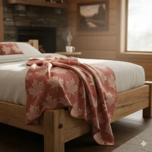 Digital art of a decorative cottage blanket featuring subtle maple leaf patterns for a classic Canadian aesthetic.
