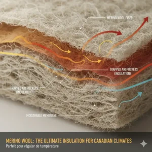 Technical diagram showing merino wool fibers trapping heat, ideal for temperature regulation in blankets for Canadian climate.