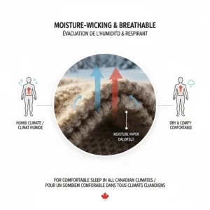 Diagram explaining the breathable and moisture-wicking benefits of wool winter blankets for comfortable sleep in humid or dry Canadian climates.