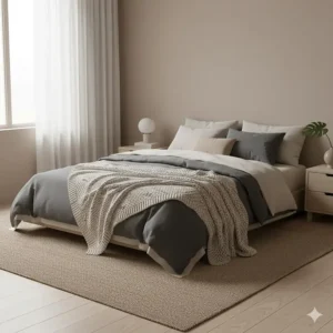 A modern bedroom design showcasing neutral-toned queen size winter blankets for a minimalist look.