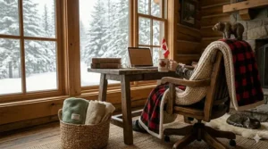 A home office setup featuring ergonomic chair styling with warm throw blankets for winter.