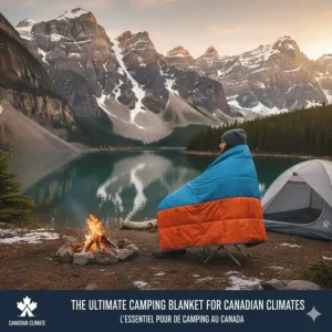 Waterproof insulated puffer blanket for the Canadian climate, used for camping in the Rocky Mountains.