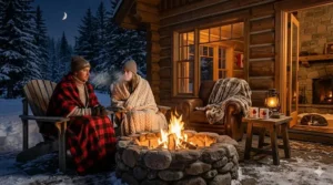 People wrapped in heavy knit throw blankets for winter sitting around an outdoor fire pit in a snowy backyard.