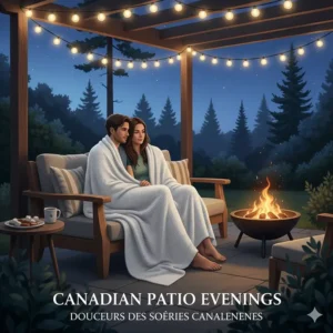 Illustration of a lightweight summer blanket being used as a throw for a cool Canadian patio evening.