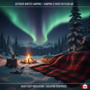 Illustration of a heavy-duty wool winter blanket used for insulation during a snowy Canadian camping trip under the northern lights.