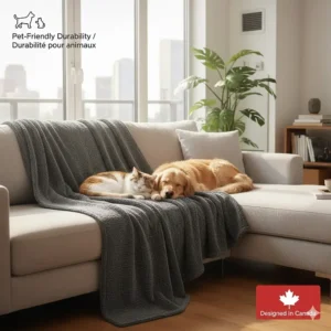 Illustration of a dog and cat resting on a durable all season blanket in a modern Canadian condo.