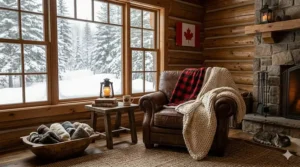 Red and black buffalo plaid throw blankets for winter styled in a rustic Canadian log cabin setting.