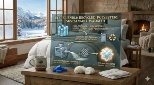 Illustration showing the eco-friendly journey of recycled polyester fibers used in high-quality down alternative winter bedding.