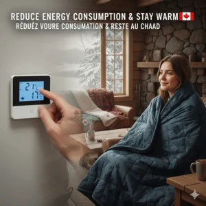 A hand turning down a thermostat next to a person wrapped in a thick, energy saving thermal blanket.