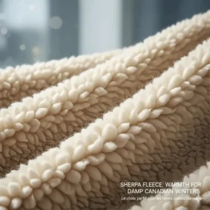 High-loft sherpa fleece texture, a popular choice for warm blankets for Canadian climate and damp coastal winters.