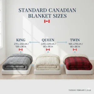 Illustration showing King, Queen, and Twin blanket sizes for Canadian standard mattresses.