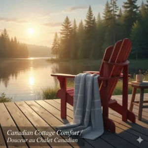 A cozy lightweight summer blanket draped over a Muskoka chair on a wooden deck by a lake.