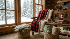 Sustainable and eco-friendly recycled wool throw blankets for winter in soft earth tones.