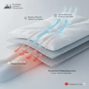 Technical illustration of thermal regulation in all season blankets, suitable for fluctuating Canadian temperatures.