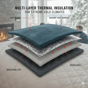 Diagram of energy saving blankets with multi-layer thermal insulation for extreme cold climates.