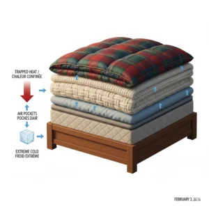 Diagram showing how multiple blanket layers trap heat for extreme Canadian prairie winters.