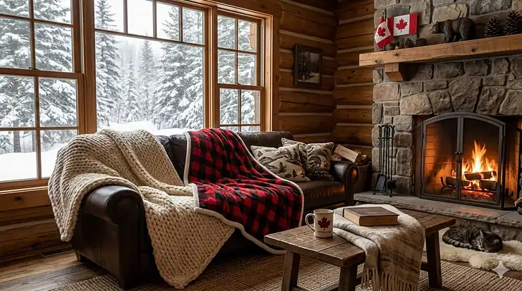 A cozy Canadian living room featuring thick wool throw blankets for winter draped over a sofa near a fireplace with a snowy forest view.