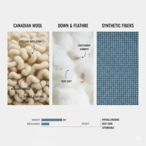 Comparison chart of blanket materials for cold bedrooms including Canadian wool and synthetic down for maximum insulation.