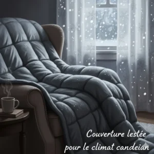 Weighted blanket for Canadian climate, showing deep pressure touch for cold winter nights. (Couverture lestée pour le climat canadien).