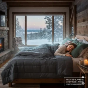 Illustration of a weighted blanket being used in a cold bedroom for anxiety relief and extra warmth during a Canadian winter.