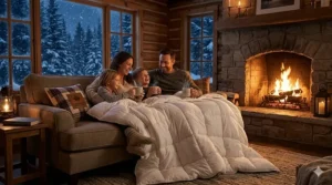 A family huddled under a thick down alternative winter blanket in a rustic Ontario cottage with a roaring fireplace.