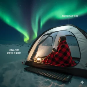 A stylized illustration of a person using heavy-duty blankets inside a tent in Northern Canada.