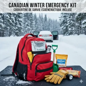 Illustration of a winter emergency car kit featuring a compact energy saving blanket (couverture de survie).