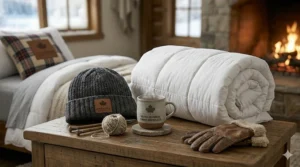 A flat-lay illustration of Canadian winter essentials: a toque, hot cocoa, and a heavy-duty down alternative winter blanket.