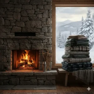 Illustration of thick wool cottage blankets stacked by a stone fireplace in a snowy Quebec chalet.