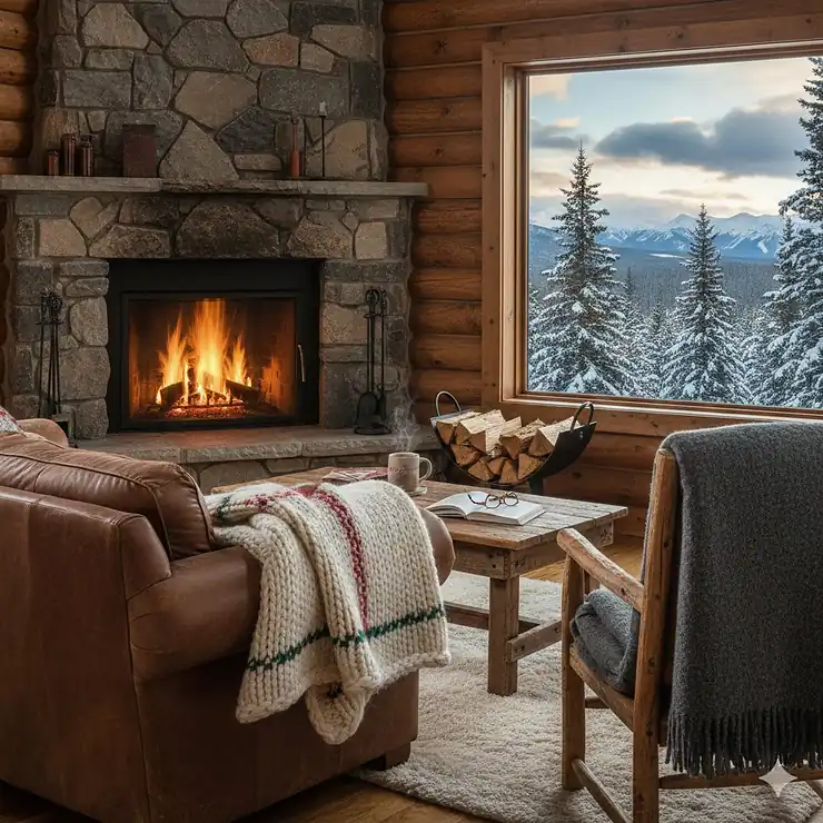 A cozy living room in a Canadian log cabin featuring premium wool winter blankets draped over a leather sofa near a roaring fireplace.