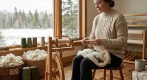 A classic plaid machine washable wool blanket folded on a weathered wood bench in a rustic lakeside cottage setting.