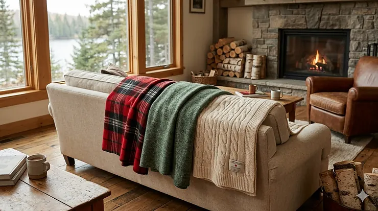 A cozy Canadian living room featuring machine washable wool blankets draped over a sofa near a fireplace.