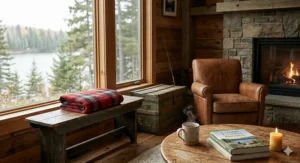 A golden retriever and a young child cuddling on a soft heathered grey machine washable wool blanket in a cozy Canadian living room.