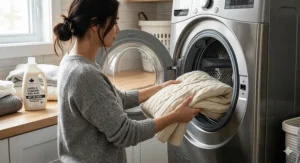 A person placing a premium wool blanket into a high-efficiency washing machine, highlighting easy-care bedding with bilingual packaging.