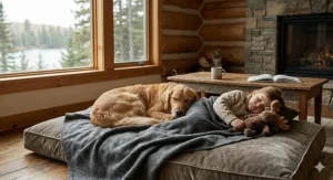 A stylish, modern Canadian bedroom in a Toronto high-rise, featuring a charcoal grey machine washable wool blanket as a decorative throw.