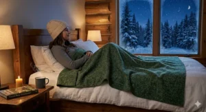 A thick, machine washable wool blanket layered on a bed, providing warmth during a cold Canadian winter night.