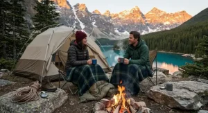 An illustration of a durable wool blanket used for camping in the Canadian Rockies, perfect for rugged adventures.