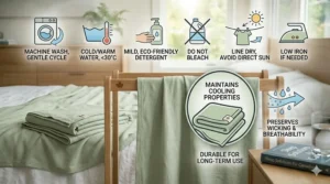 Simple icons showing how to wash bamboo blankets to maintain cooling properties for long-term night sweat management.