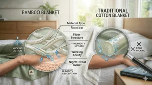 Comparison chart of bamboo blankets vs cotton showing superior moisture absorption for night sweat relief.